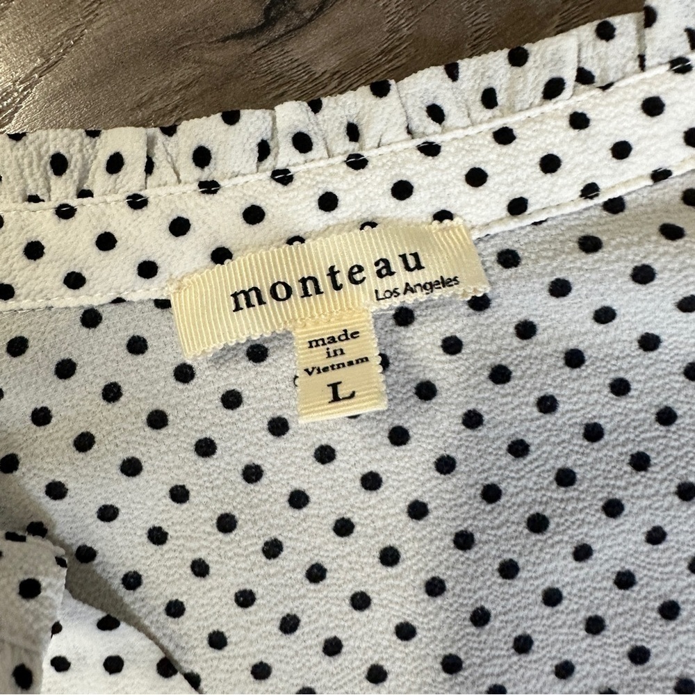 Monteau Polka Dot white and black Faux Wrap Shirt Top Blouse size Large - Picture 4 of 9